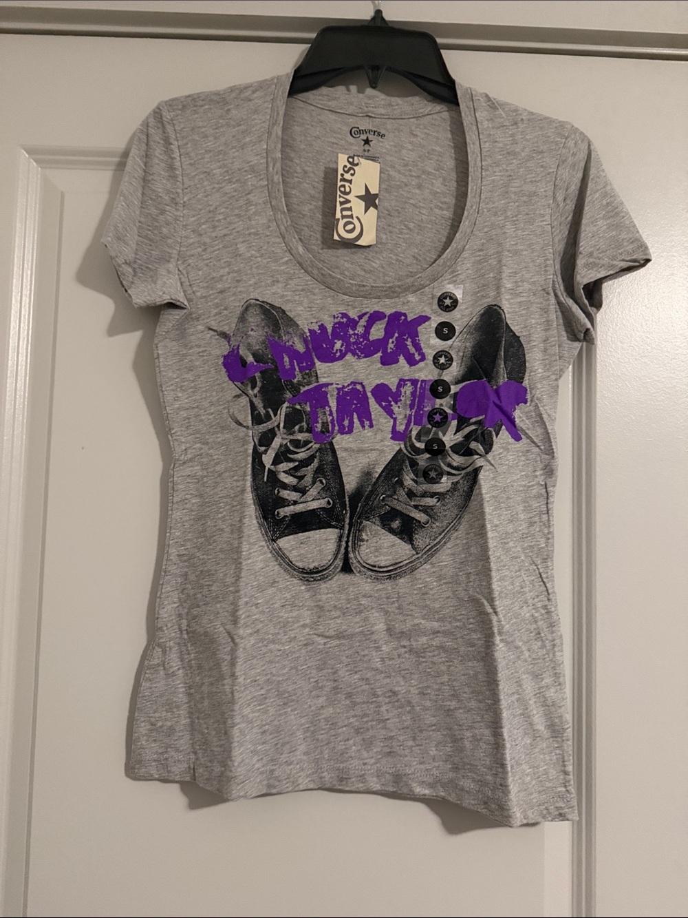 CONVERSE Gray Purple Shoe Graphic Tee Size S/P NEW! T-Shirt Top